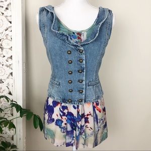 Free People Denim Ruffle Button Down Vest